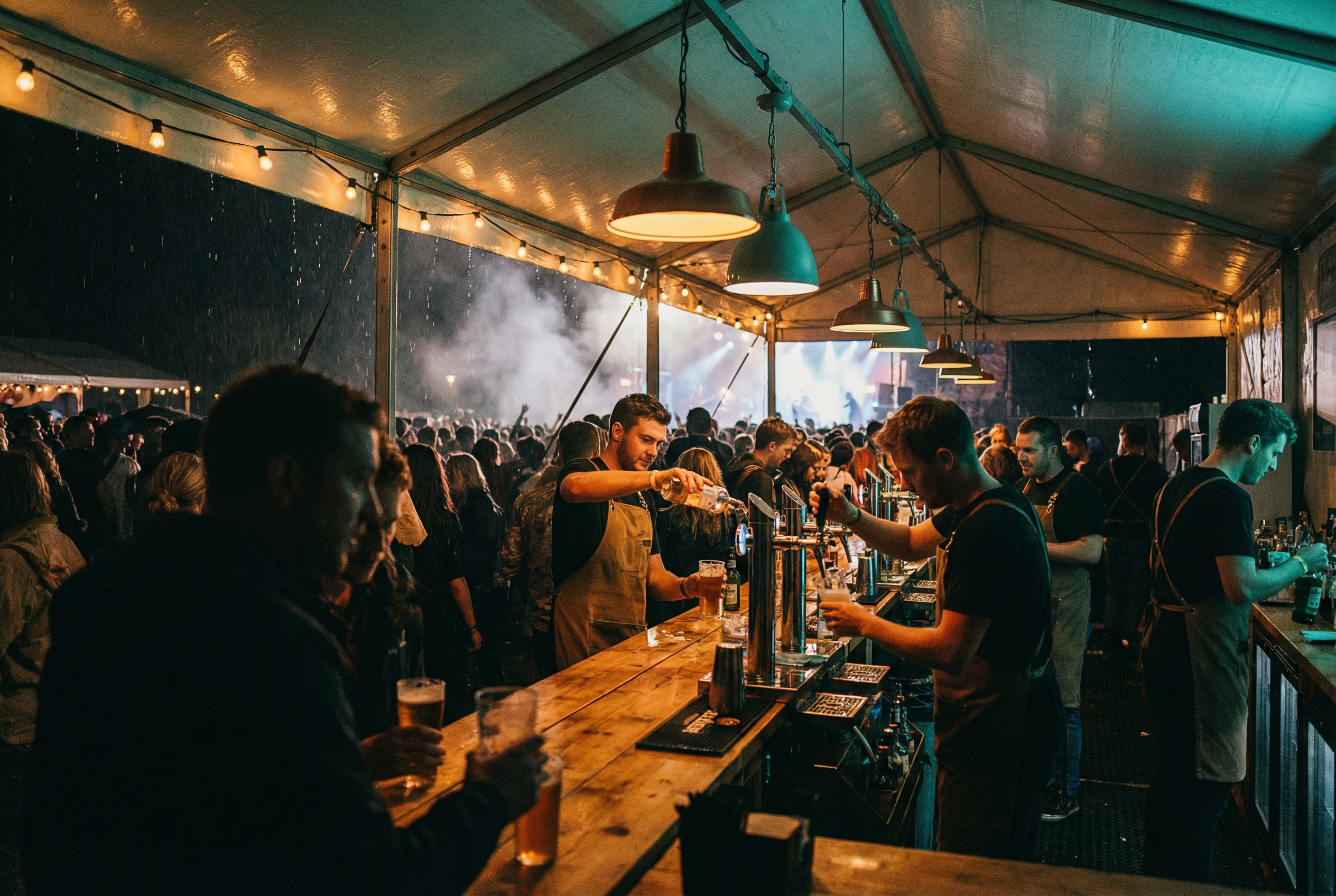 Festival bar med bartendere og folkemasse