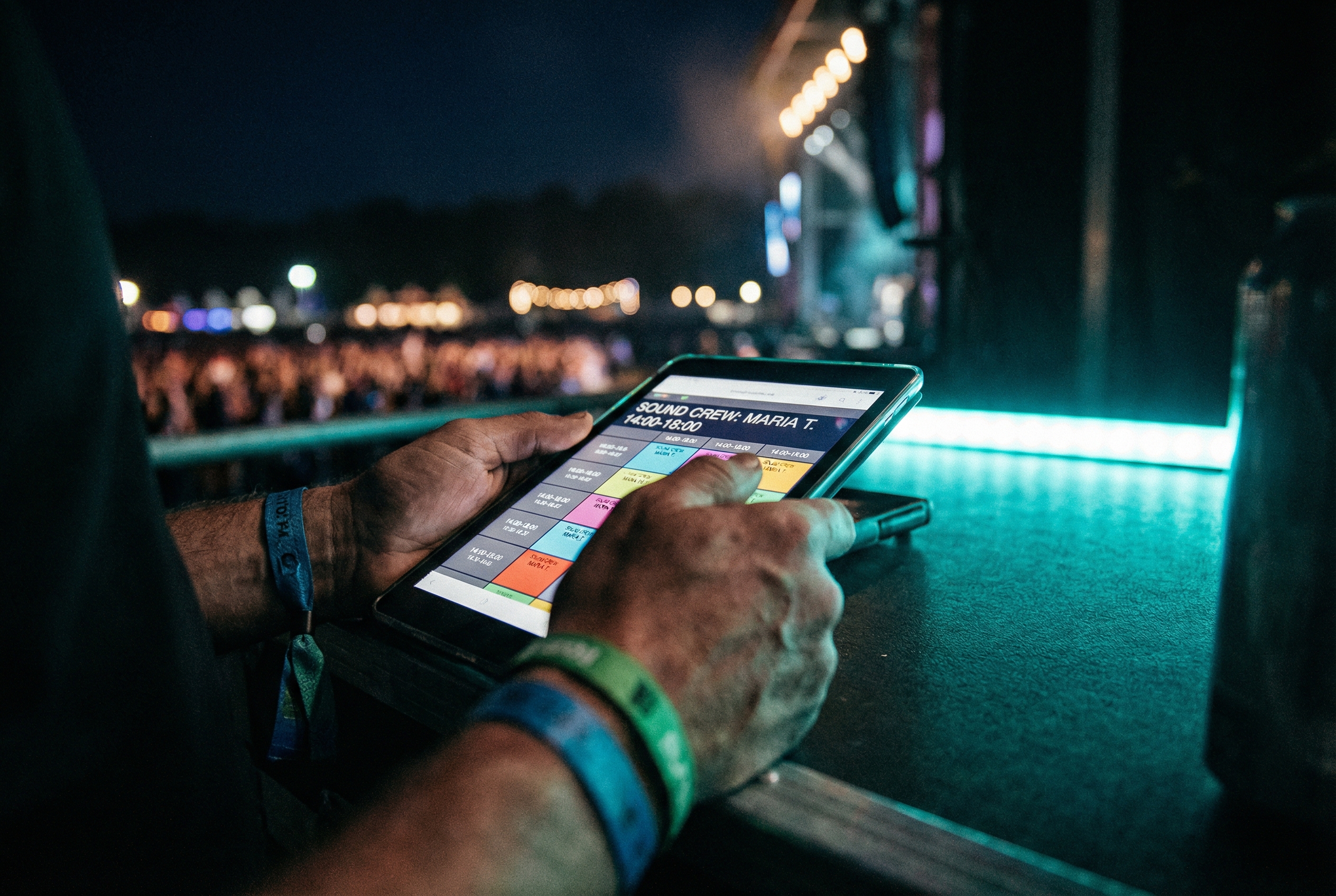 Vagtplan på tablet ved festival med folkemasse i baggrunden