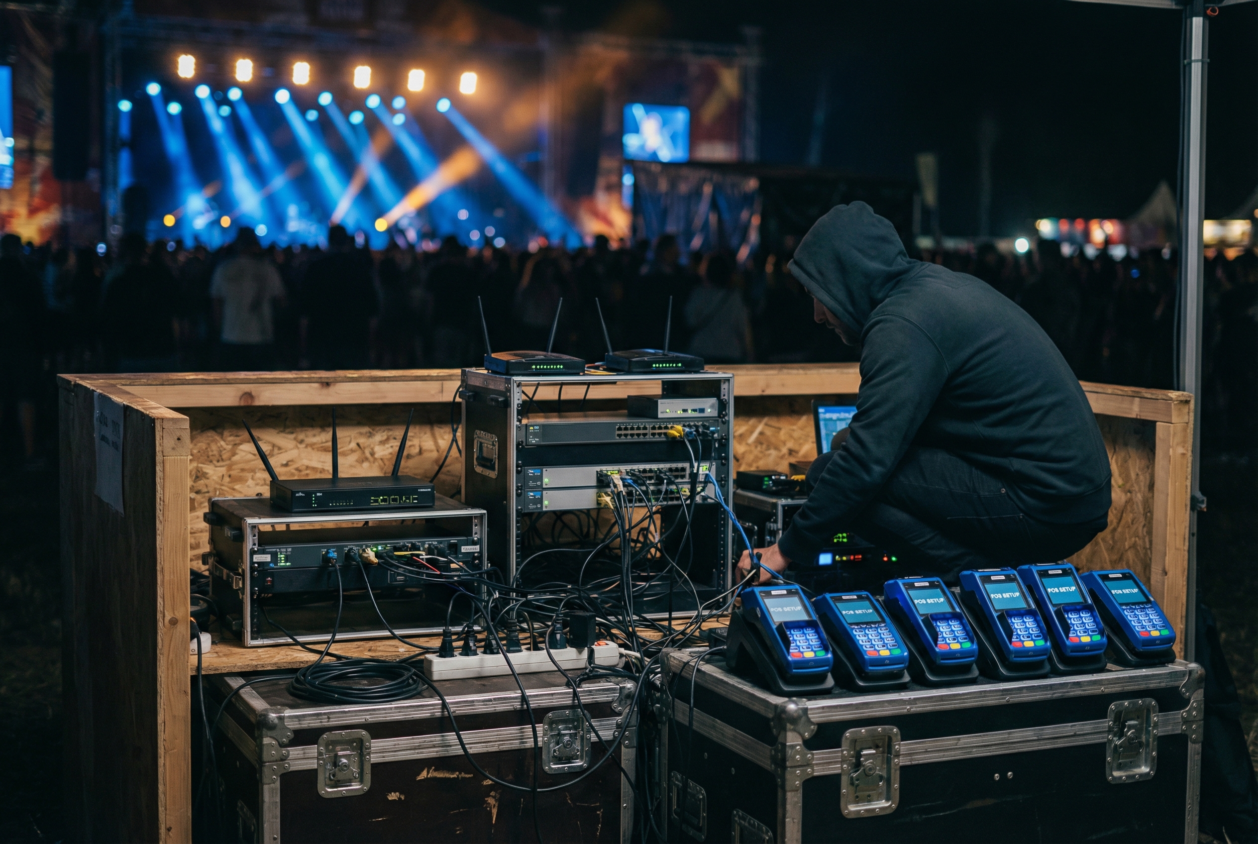 Teknisk setup med betalingsterminaler og udstyr ved festival
